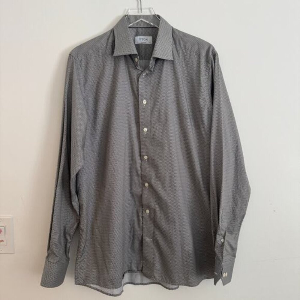 ETON Gray Diamond Patterned Collard Button Up Shirt Sz 44 17 1/2